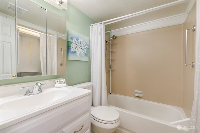 full bathroom with toilet, shower / bath combination with curtain, and vanity