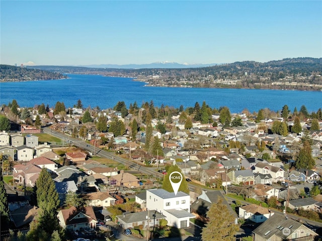 drone / aerial view featuring a water view