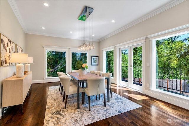 dining room featuring french doors, crown molding, and dark hardwood / wood-style floors