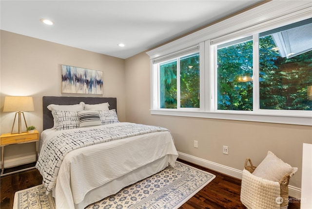 bedroom featuring dark hardwood / wood-style flooring and multiple windows