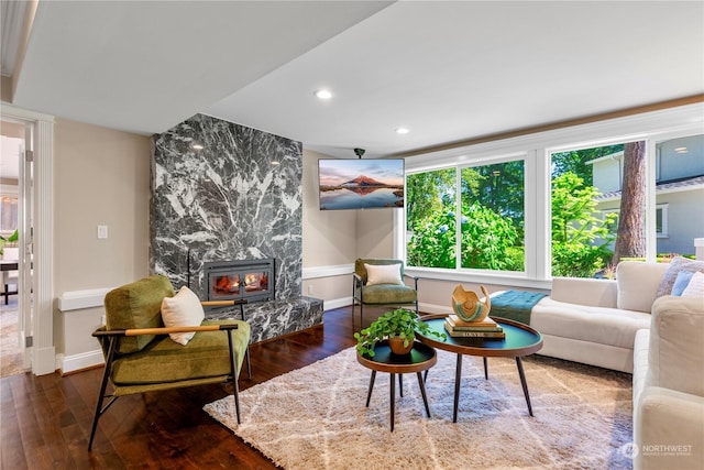 living room featuring a fireplace and dark hardwood / wood-style flooring