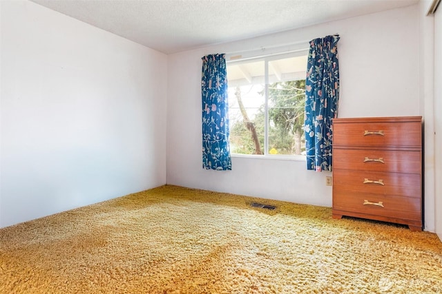 spare room with carpet, visible vents, and a textured ceiling