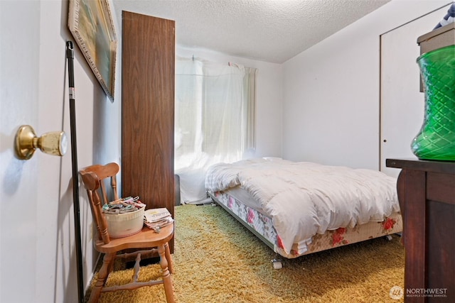 carpeted bedroom with a textured ceiling