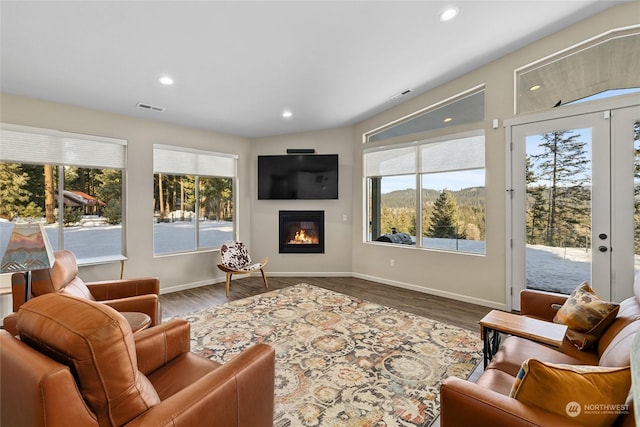 living room with wood-type flooring, a healthy amount of sunlight, lofted ceiling, and french doors