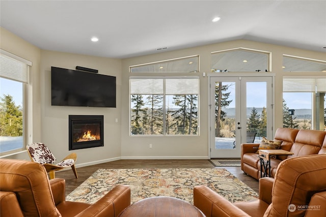 living room with hardwood / wood-style flooring and lofted ceiling