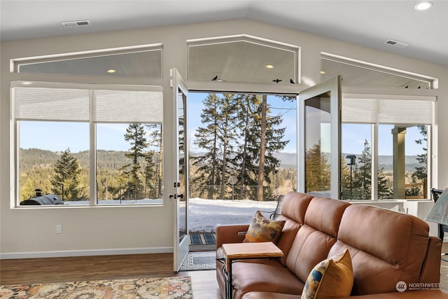 interior space featuring a mountain view, vaulted ceiling, and a healthy amount of sunlight