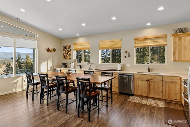 dining area with sink and dark wood-type flooring