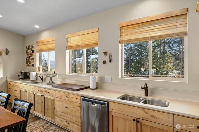 kitchen with sink, light brown cabinets, and dishwasher