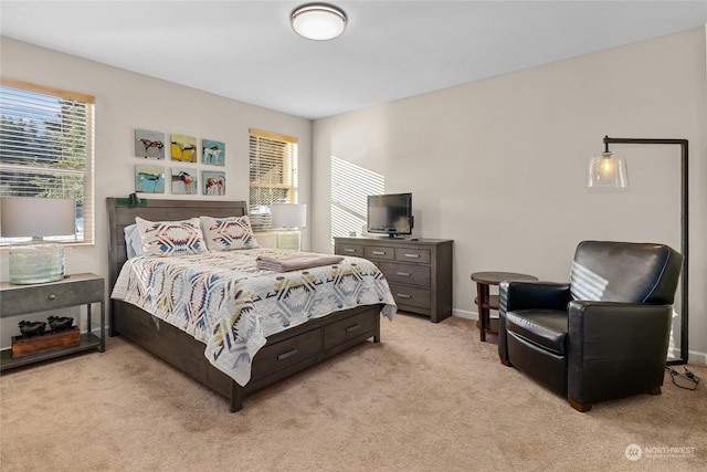 bedroom featuring light carpet