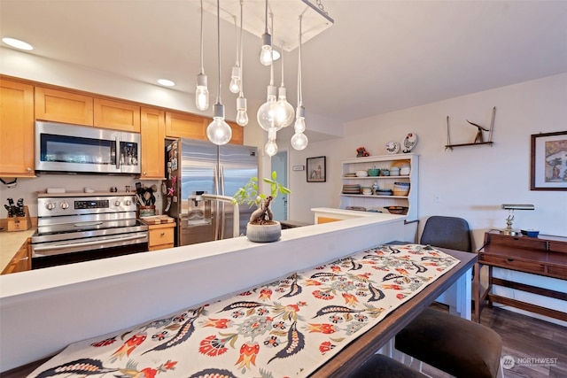 kitchen with stainless steel appliances, dark hardwood / wood-style floors, pendant lighting, and light brown cabinetry