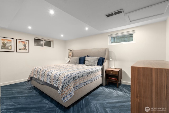 bedroom with visible vents, dark carpet, recessed lighting, baseboards, and attic access