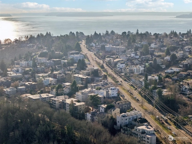 drone / aerial view featuring a water view