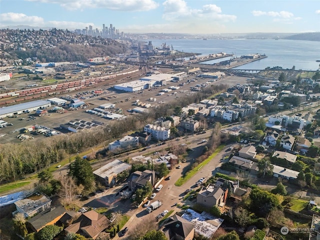 bird's eye view with a water view