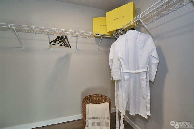 spacious closet with dark hardwood / wood-style flooring