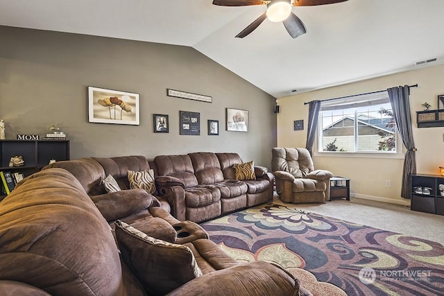 living room with lofted ceiling, light carpet, and ceiling fan