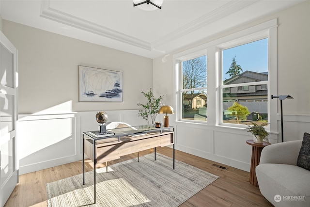 office area featuring light hardwood / wood-style floors, a wealth of natural light, ornamental molding, and a raised ceiling