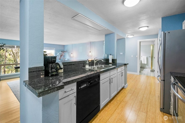 kitchen featuring dishwasher, sink, white cabinets, electric stove, and light hardwood / wood-style floors