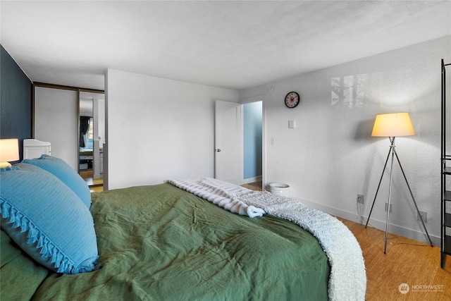 bedroom featuring wood-type flooring and a closet