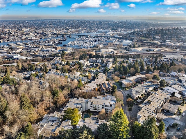 bird's eye view with a water view