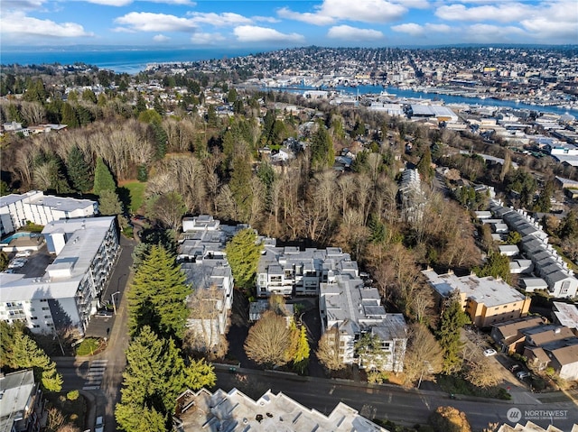 drone / aerial view featuring a water view