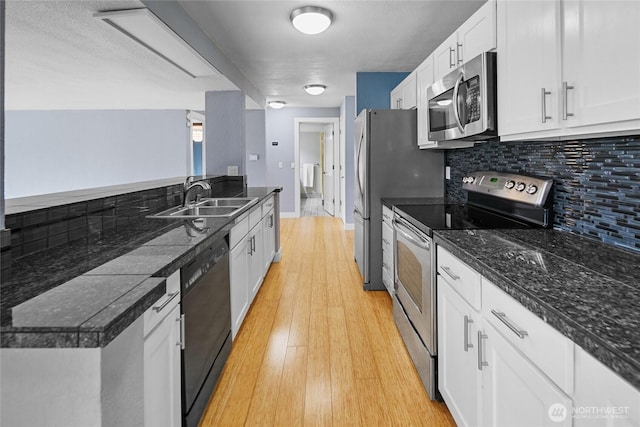 kitchen featuring appliances with stainless steel finishes, light wood-type flooring, a sink, and white cabinetry