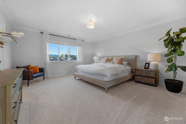 bedroom featuring ornamental molding and light carpet