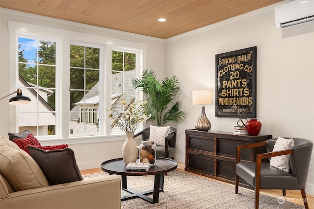 living area featuring wooden ceiling, hardwood / wood-style floors, a wall mounted AC, and a healthy amount of sunlight