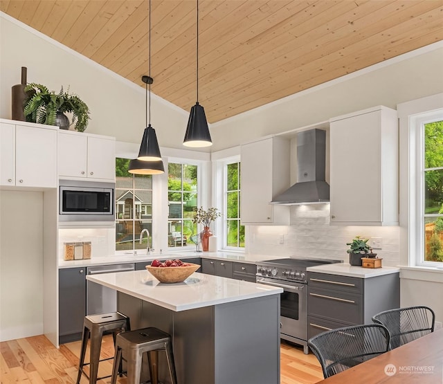 kitchen with appliances with stainless steel finishes, white cabinets, a kitchen island, wall chimney range hood, and wooden ceiling