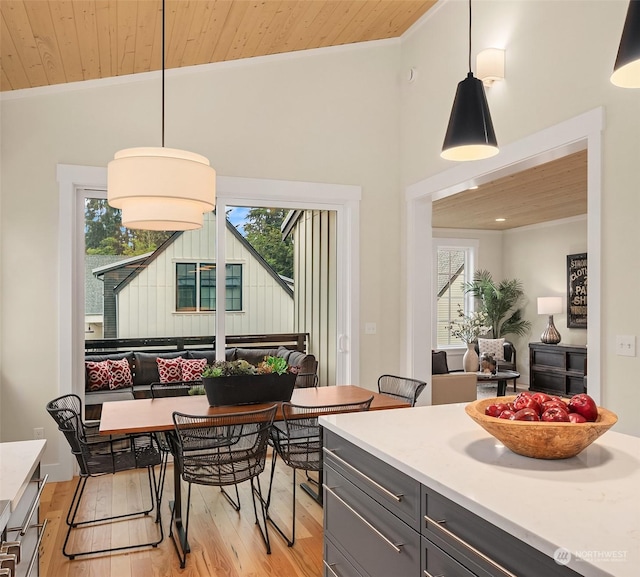 dining area featuring wooden ceiling, light hardwood / wood-style flooring, and plenty of natural light