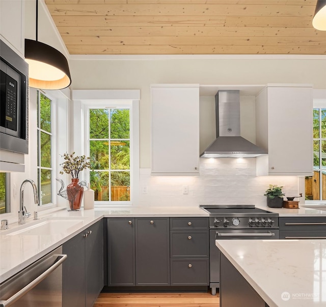 kitchen featuring appliances with stainless steel finishes, wood ceiling, white cabinetry, wall chimney range hood, and sink