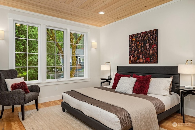 bedroom featuring light hardwood / wood-style flooring and wooden ceiling