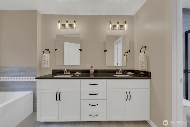 bathroom featuring double vanity, a washtub, and a sink