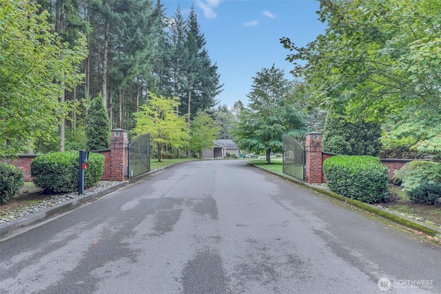 view of road with a gate, curbs, and a gated entry