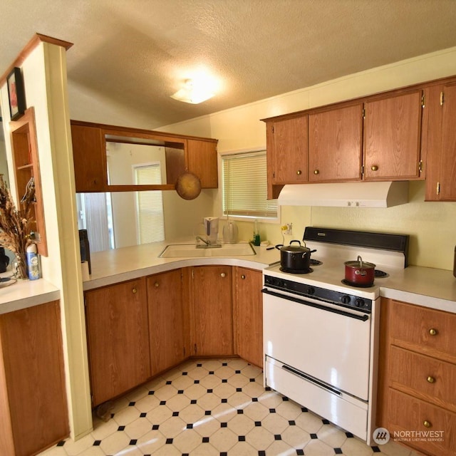 kitchen with sink, a textured ceiling, and white stove