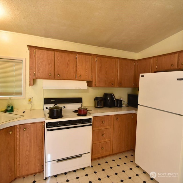 kitchen with white appliances and vaulted ceiling