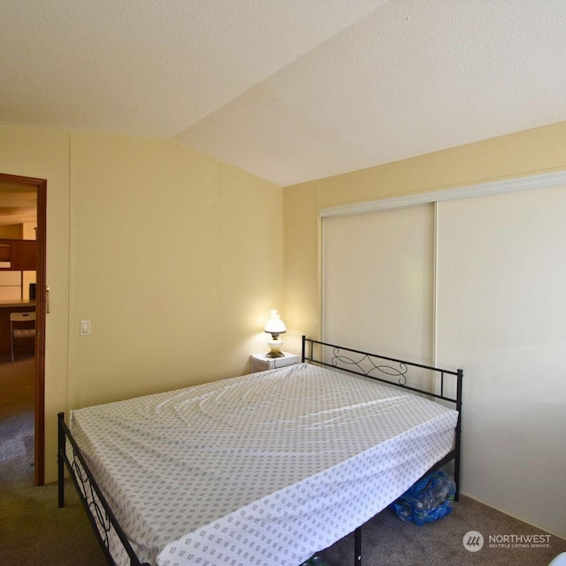 carpeted bedroom with lofted ceiling, a closet, and a textured ceiling