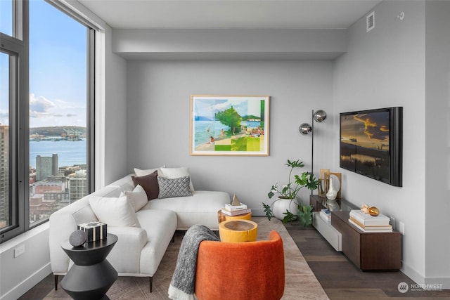 living room featuring a water view and dark hardwood / wood-style floors