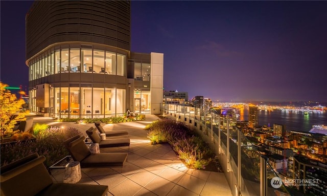 view of balcony at night