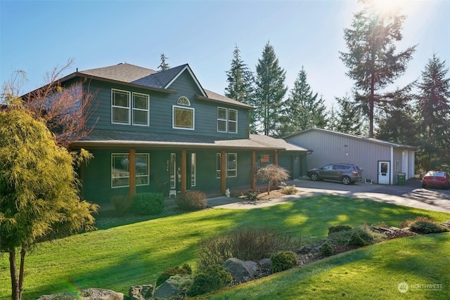 view of front of property with a garage, a front yard, and covered porch