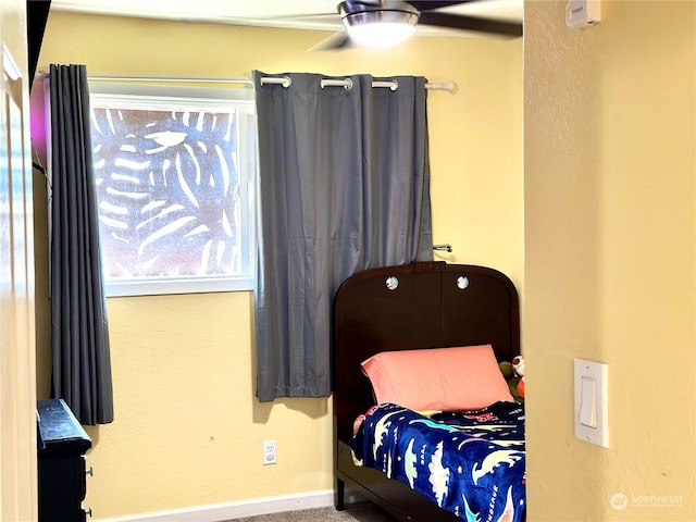 bedroom featuring carpet floors and ceiling fan