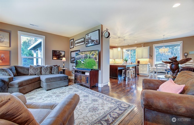 living room with dark wood-type flooring