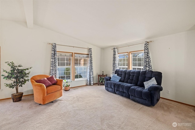 living room featuring carpet floors and lofted ceiling with beams