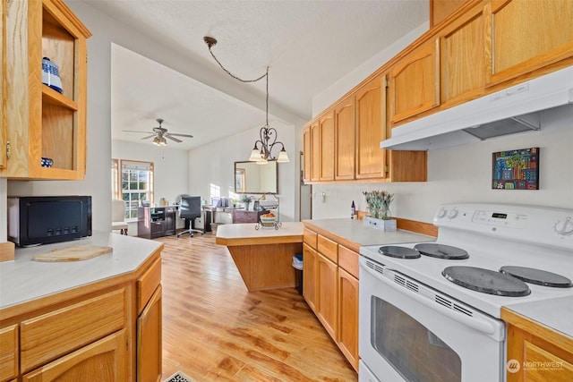 kitchen featuring white electric range oven, decorative light fixtures, ceiling fan with notable chandelier, and light hardwood / wood-style flooring