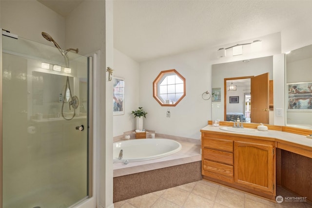 bathroom featuring vanity and plus walk in shower