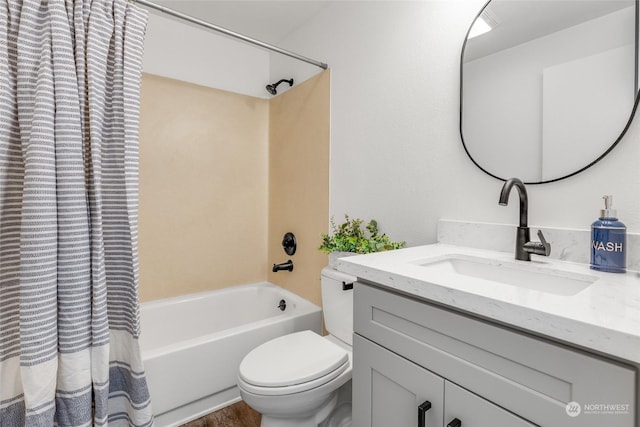 full bathroom featuring vanity, toilet, and shower / bathtub combination with curtain