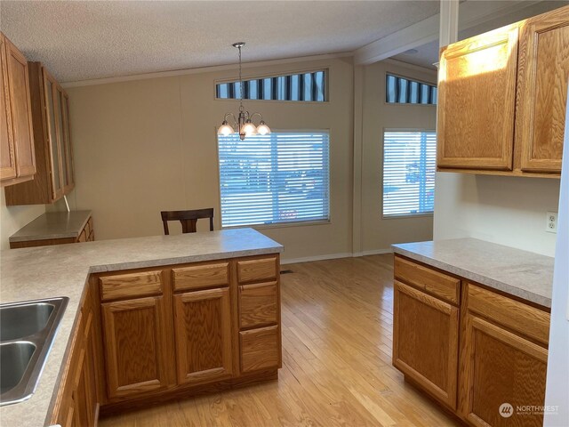 kitchen with sink, hanging light fixtures, a notable chandelier, a textured ceiling, and light hardwood / wood-style flooring