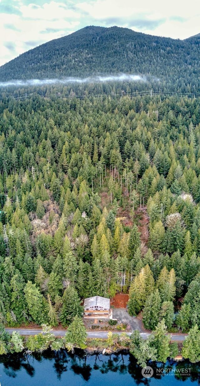 bird's eye view with a water and mountain view