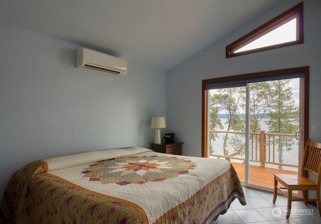 bedroom with light tile patterned flooring, a wall mounted air conditioner, vaulted ceiling, and access to outside