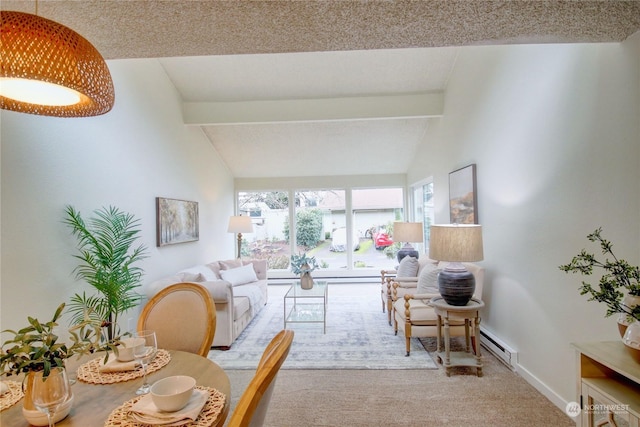 carpeted living room featuring vaulted ceiling with beams and baseboard heating