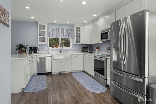 kitchen with sink, white cabinetry, appliances with stainless steel finishes, and dark hardwood / wood-style flooring